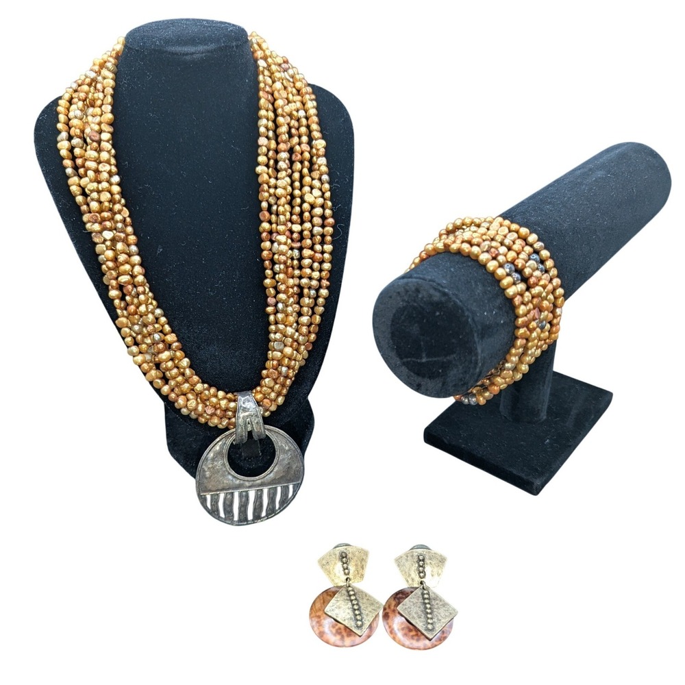Multi‎ Strand Faux Pearl Necklace Bracelet Set Bronze Gold Tone Pendant Earrings